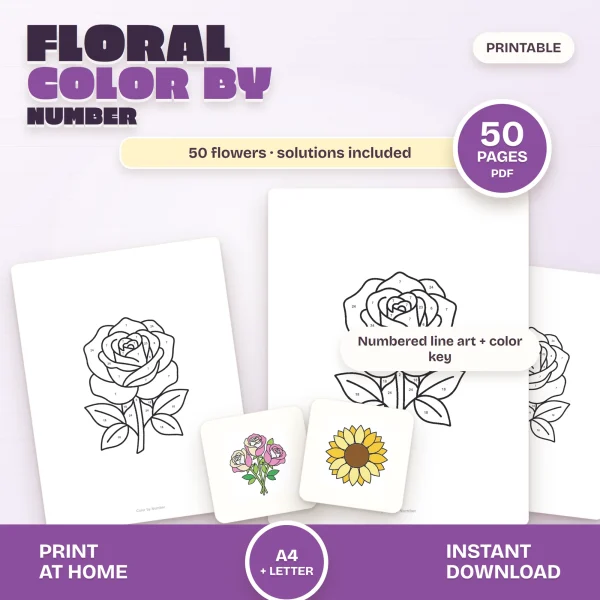 Numbered line drawings of a single rose on two pages, with small colored examples of a rose bouquet and a sunflower, marked 50 pages