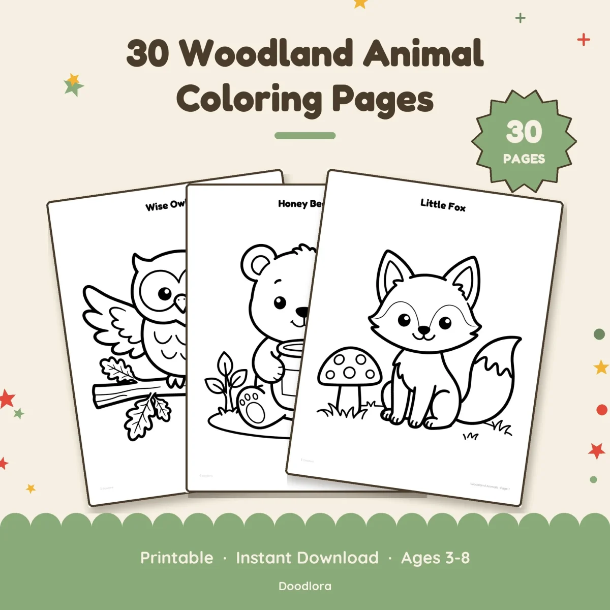Three pages from the book, Wise Owl, Honey Bear and Little Fox, under the heading 30 woodland animal coloring pages, ages 3-8