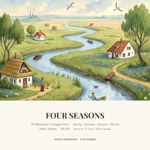 A spring river winding past thatched and red-roofed cottages with people in rowing boats, above a Four Seasons title panel