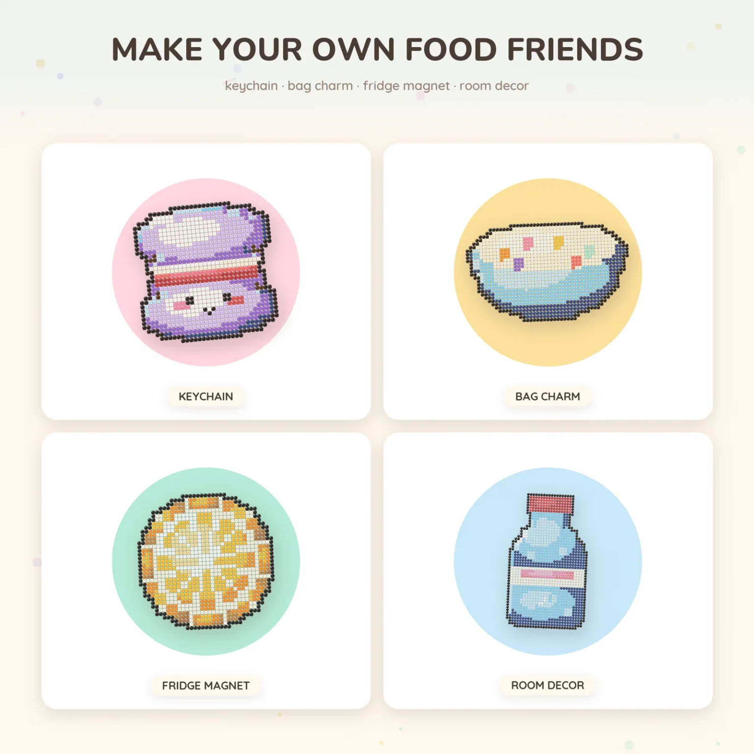 Four finished fuse bead foods on colored circles, labeled keychain, bag charm, fridge magnet and room decor: a purple macaron, a cereal bowl, an orange slice and a water bottle