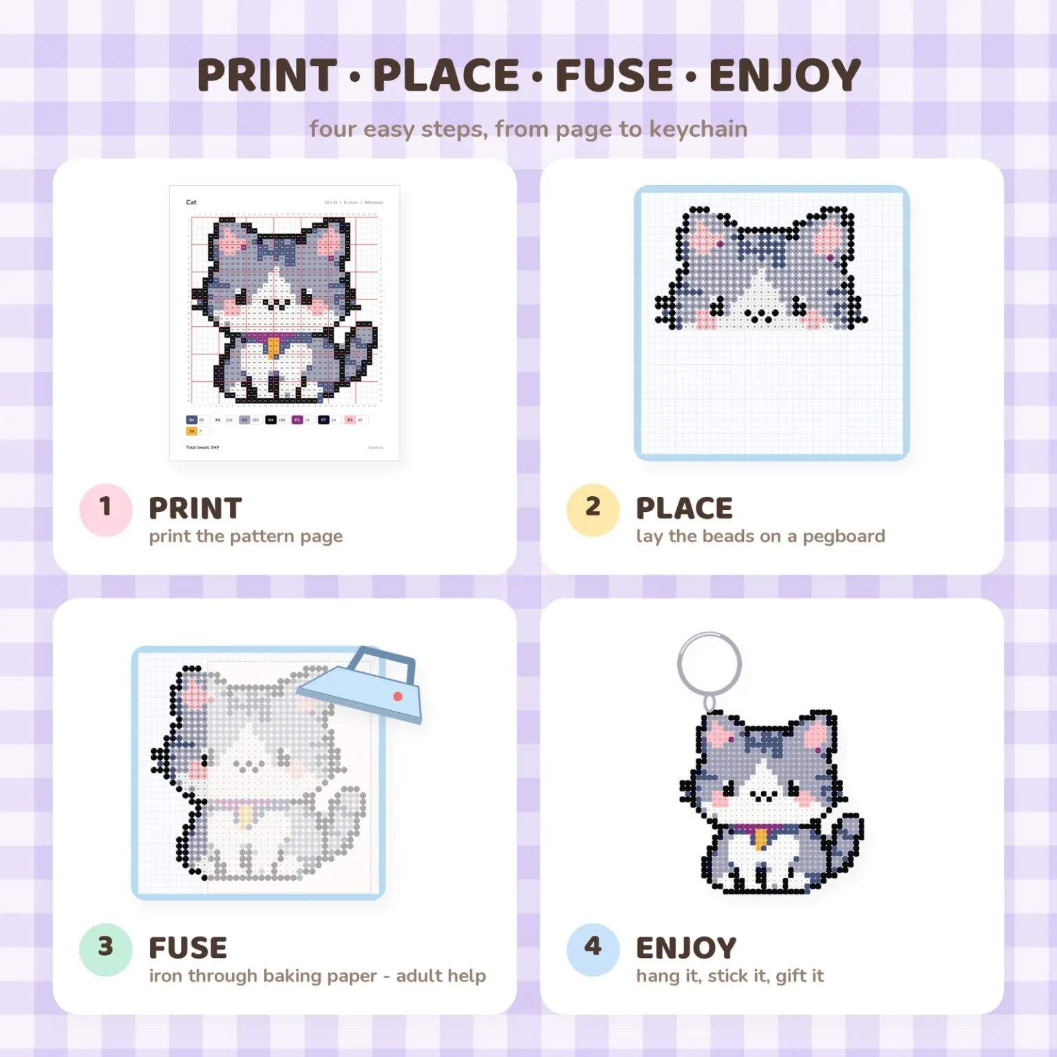 A four-panel how-to: a printed chart page for a gray cat, the cat half-built in beads on a pegboard, an iron pressing ironing paper over the beads, and the finished cat hanging from a key ring