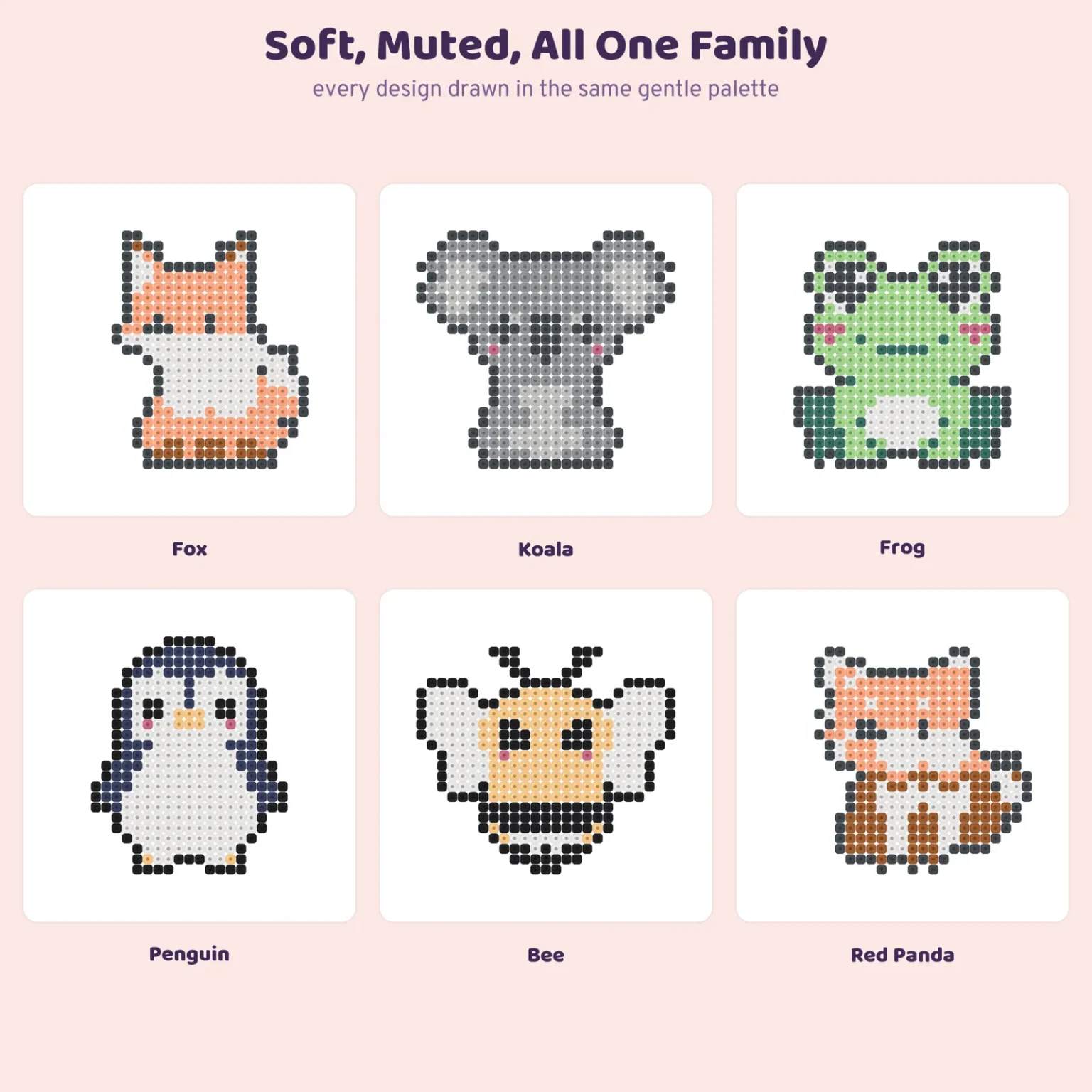 Six finished bead animals on white cards: a fox, a koala, a frog, a penguin, a bee and a red panda, in soft muted colors with dark outlines