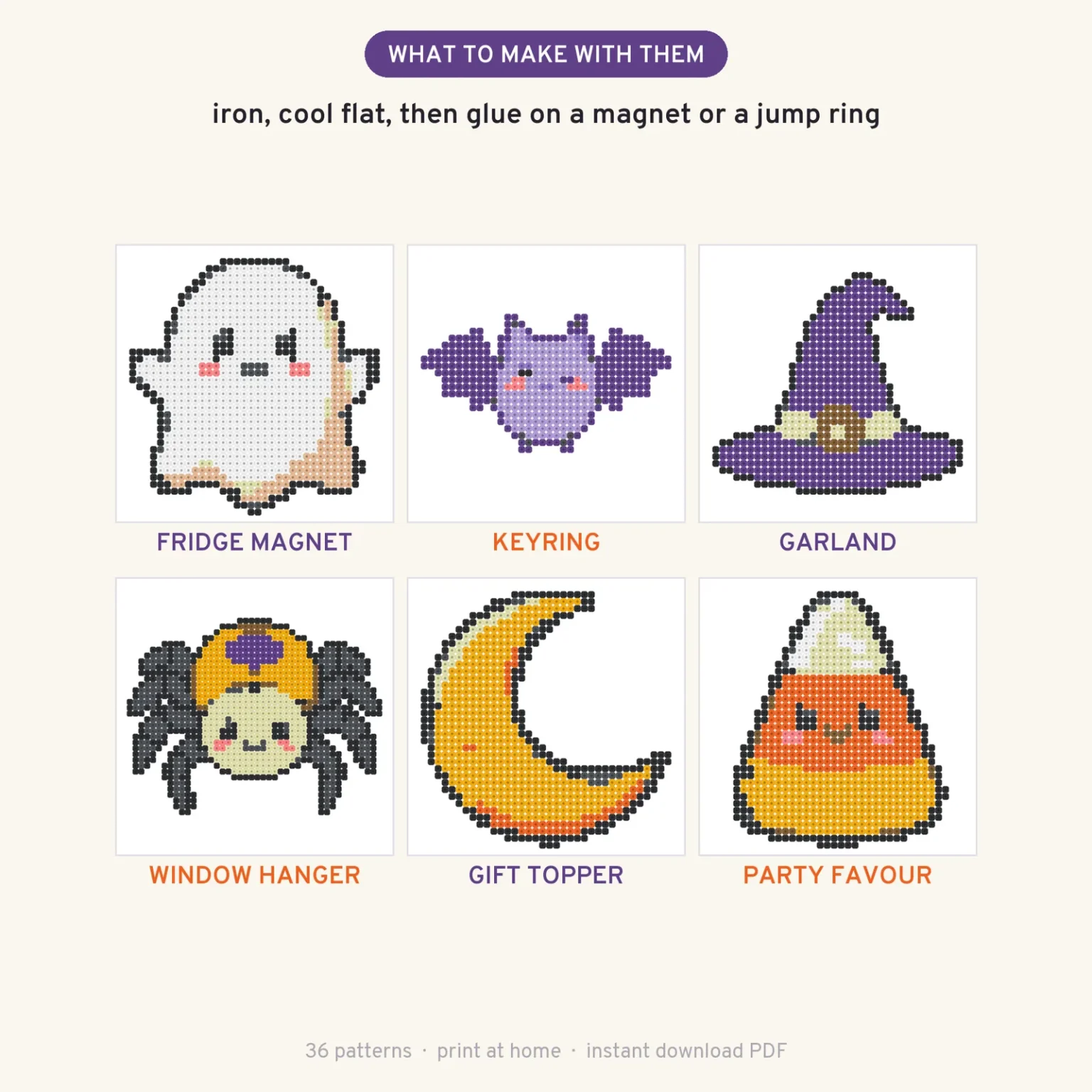 Six beaded Halloween pieces under the heading What to make with them: a ghost labeled fridge magnet, a bat labeled keyring, a witch hat labeled garland, a spider labeled window hanger, a crescent moon labeled gift topper and a candy corn labeled party favour
