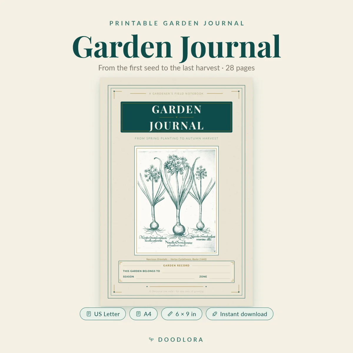 Garden Journal cover with a teal title panel above an engraving of a white narcissus, with US Letter, A4 and 6 x 9 in labels