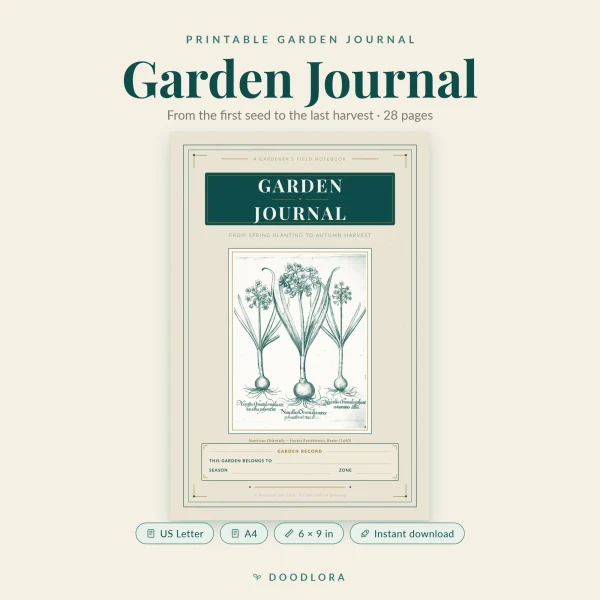 Garden Journal cover with a teal title panel above an engraving of a white narcissus, with US Letter, A4 and 6 x 9 in labels