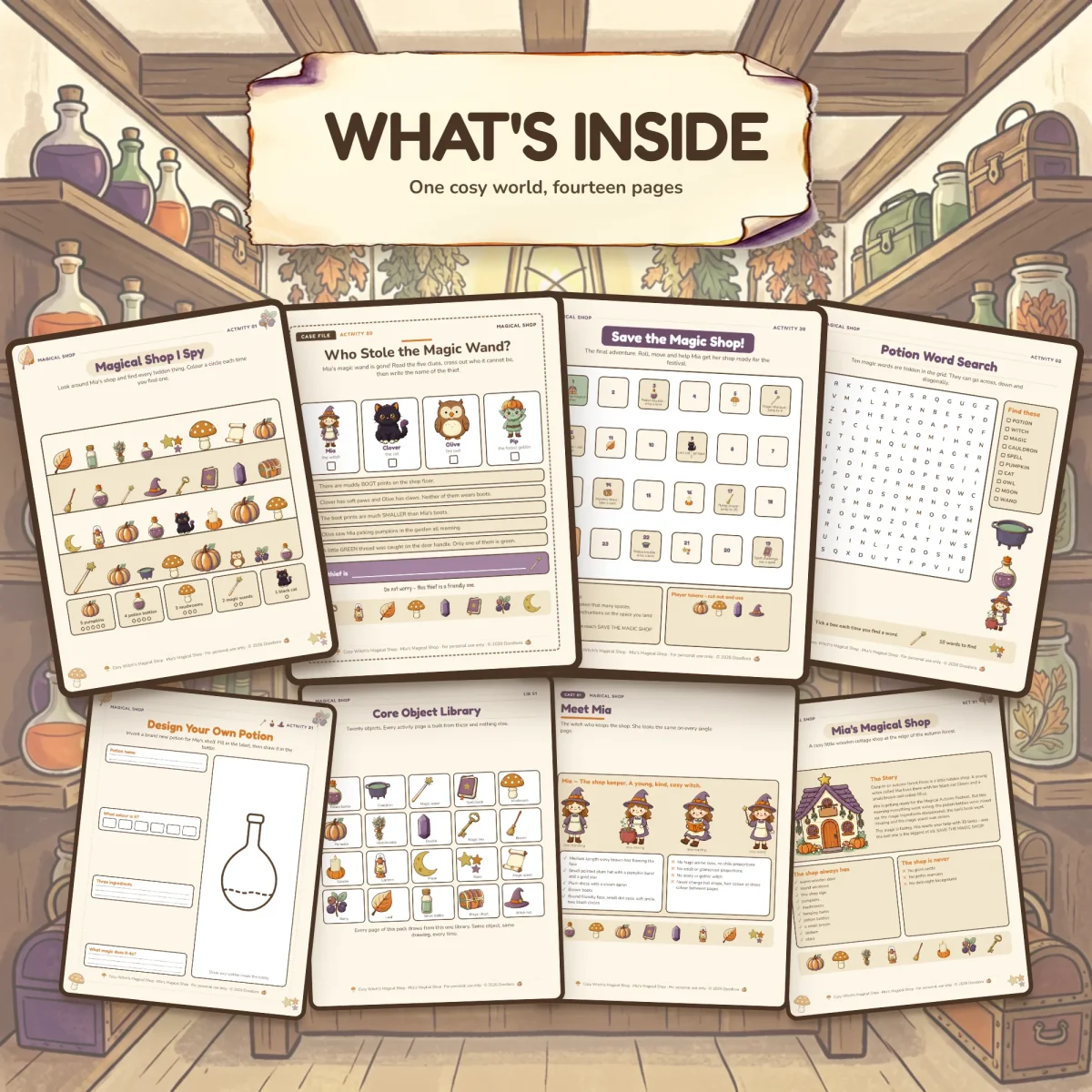 Eight pages from the pack spread on shop shelves, including the I spy, the wand mystery, the board game and the word search