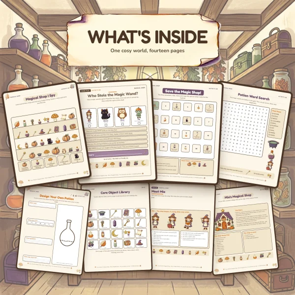 Eight pages from the pack spread on shop shelves, including the I spy, the wand mystery, the board game and the word search