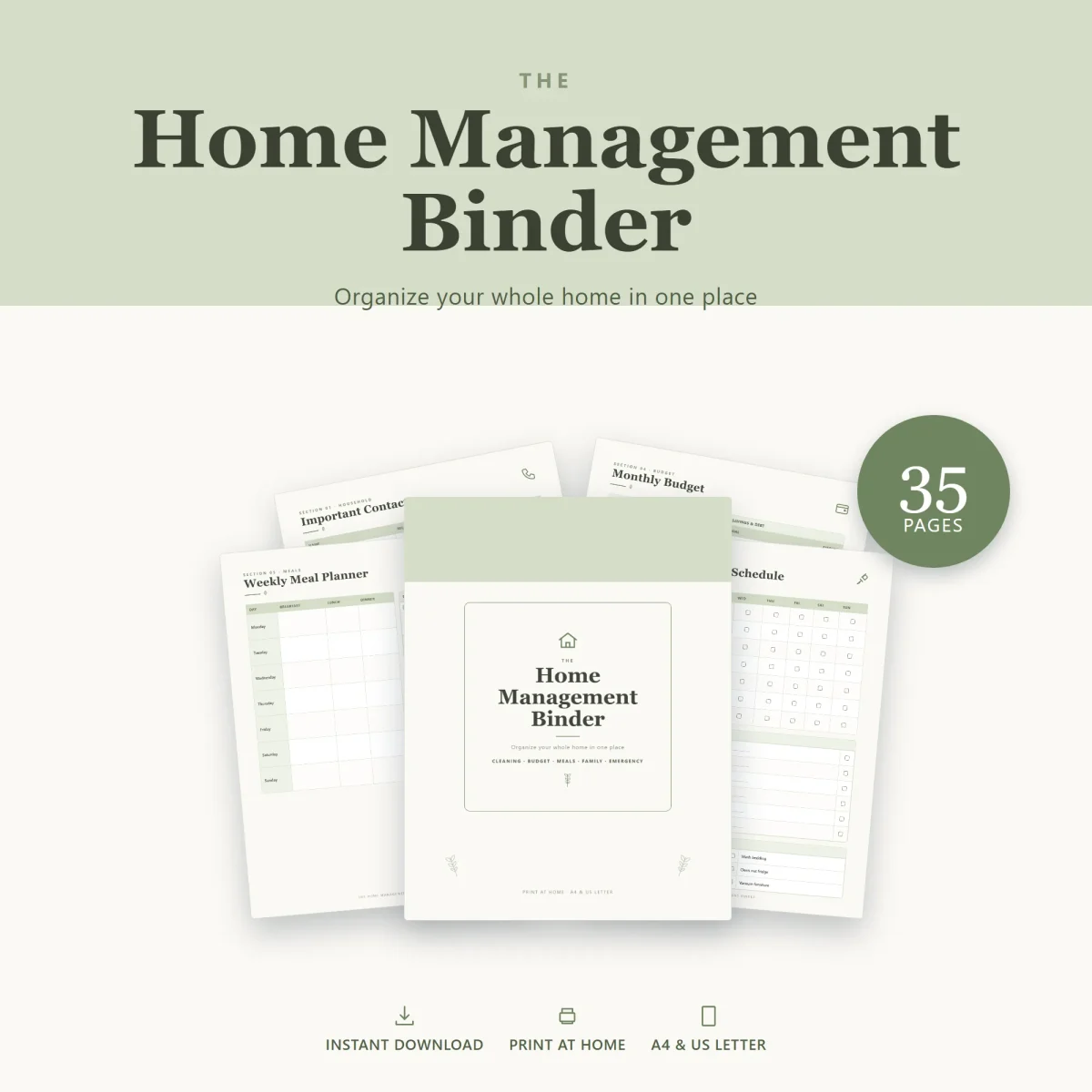 Home Management Binder cover in green with leaf accents, fanned over sample pages, marked 35 pages