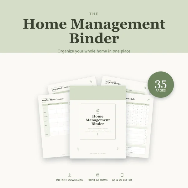 Home Management Binder cover in green with leaf accents, fanned over sample pages, marked 35 pages