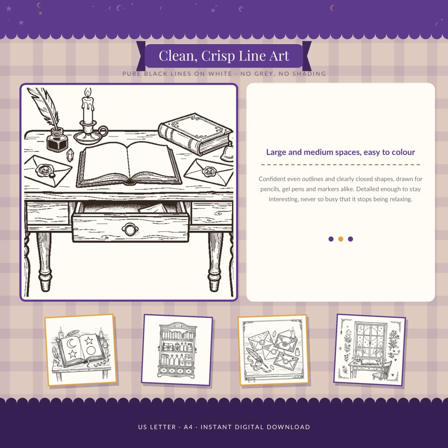 Close-up of a Cozy Witch Shop page: a wooden writing desk with grain lines on the top and drawer, an open book, a candle, a quill in an ink pot and two sealed letters, with four smaller page previews below