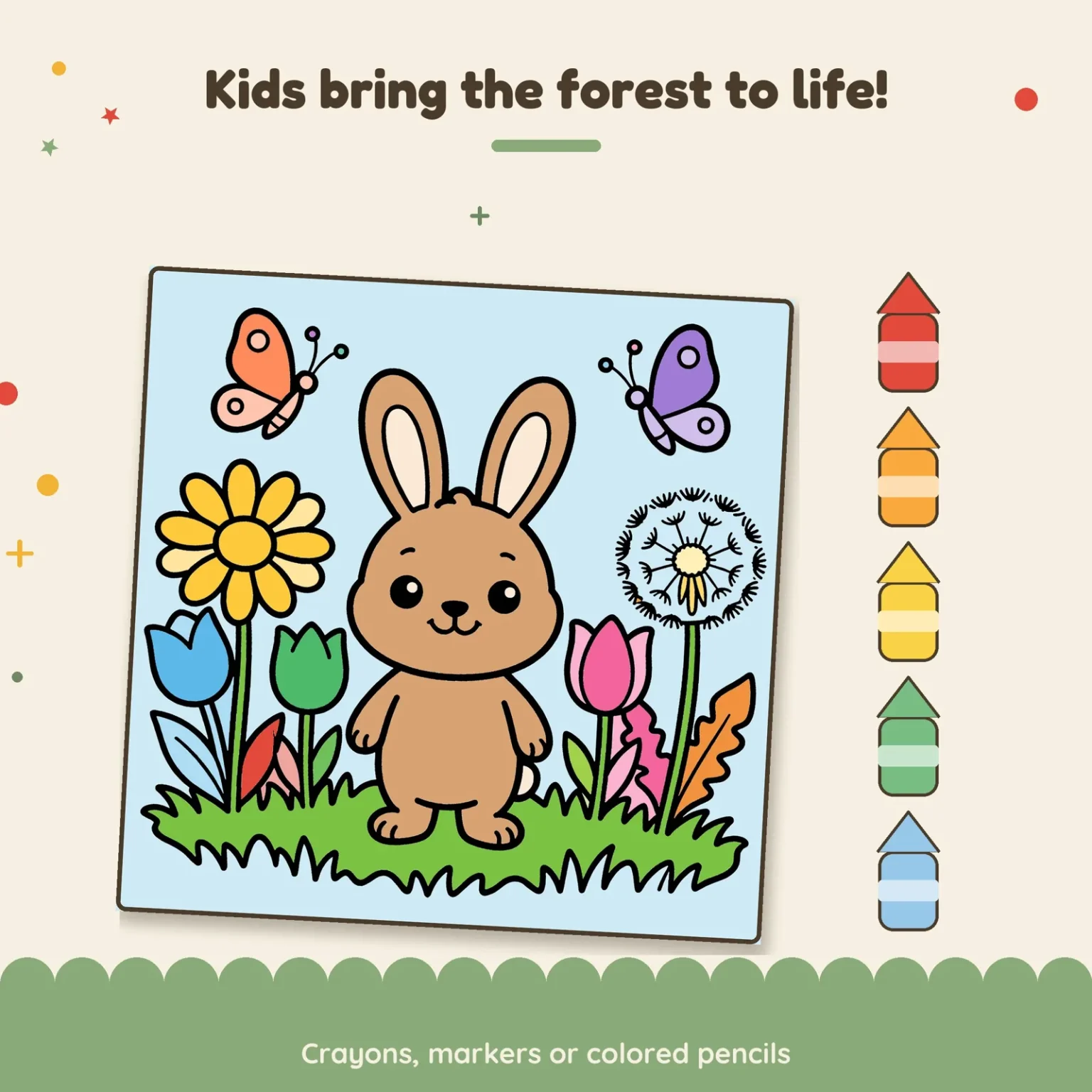 A Woodland Animals page colored in bright flat colors: a brown rabbit among tulips, a sunflower, a dandelion clock and two butterflies, with five crayon-shaped color swatches beside it