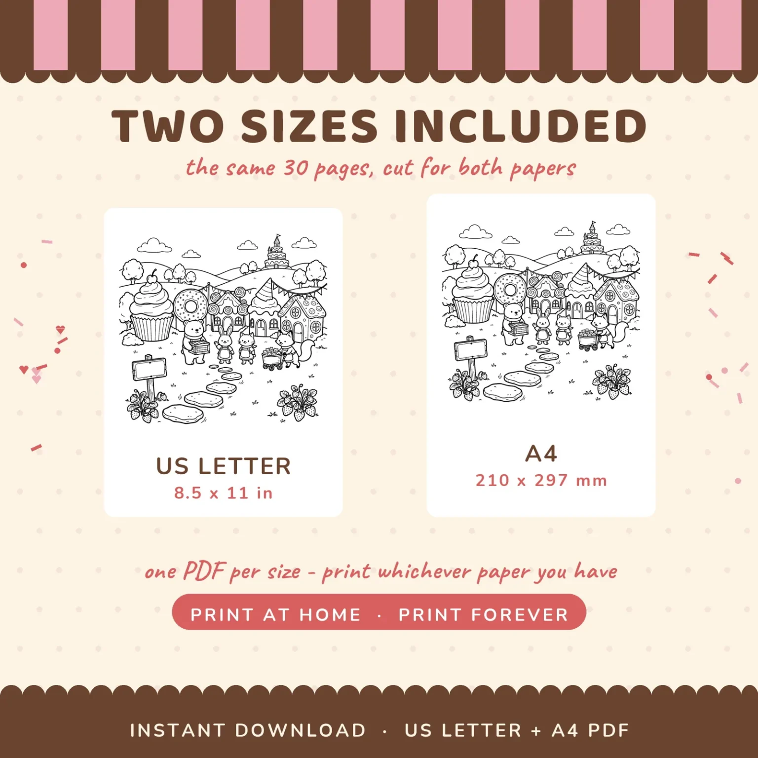 The Dessert Town entrance page shown twice, labeled US Letter 8.5 x 11 in and A4 210 x 297 mm