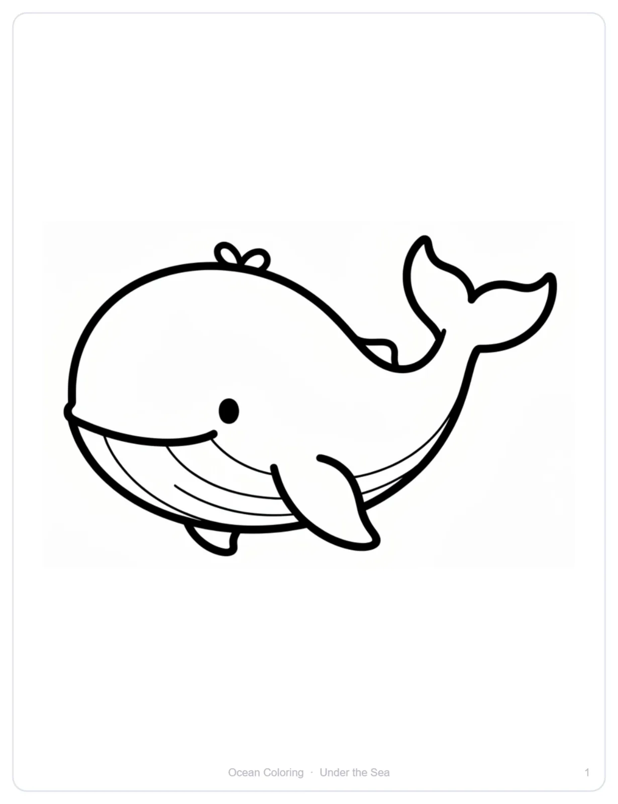 A coloring page of a smiling whale drawn with a thick, even outline and a wide white margin