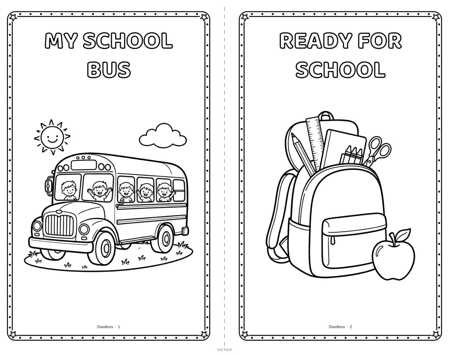 A landscape sheet with two coloring pages side by side, My School Bus and Ready for School, and a dashed cut line between them