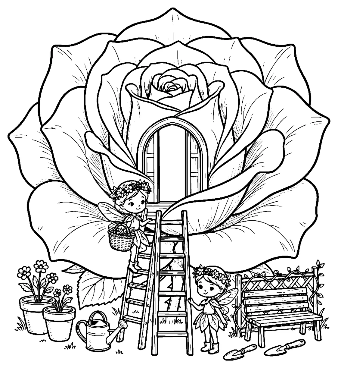 A detailed line drawing of a giant rose with an arched door, a ladder, two small fairies in flower crowns, flower pots and a garden bench