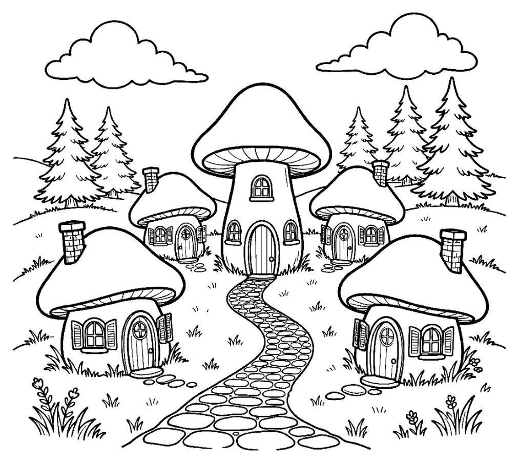 A line drawing of mushroom houses along a cobbled path under pine trees and clouds, centered on a white page with no title