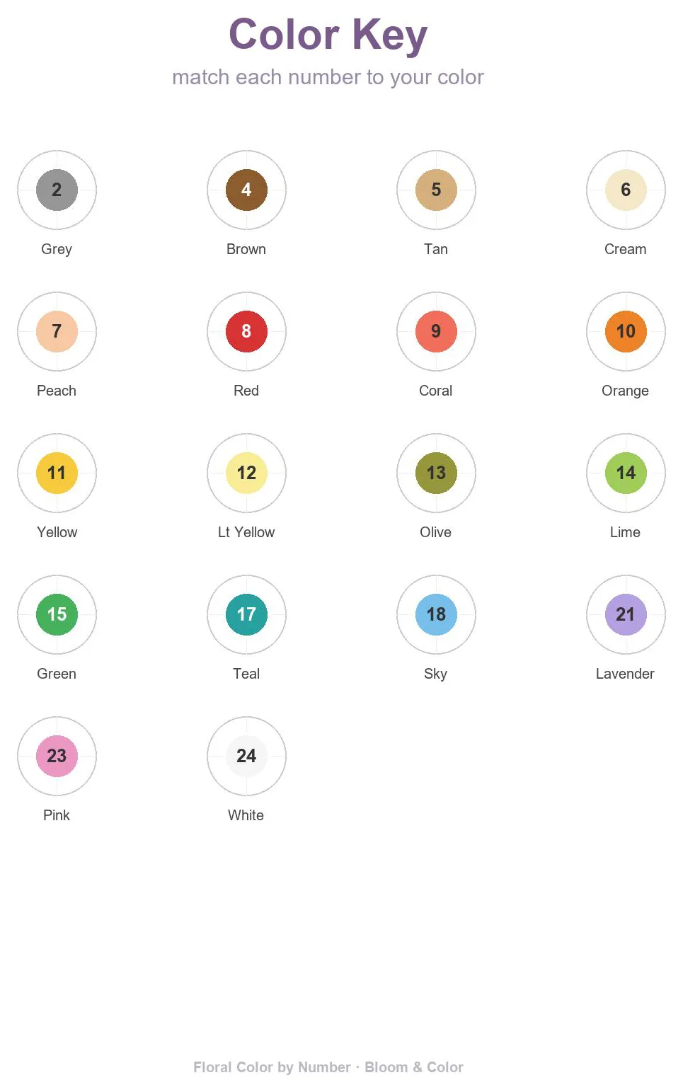 A Color Key page with numbered color swatches running from 2, gray, to 24, white