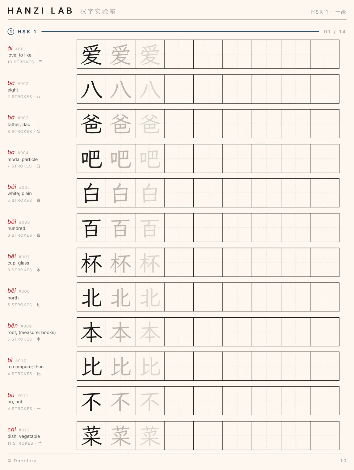Workbook practice page with twelve rows, each giving pinyin, meaning and stroke count on the left, then a black model character, two gray copies and six empty squares, starting with 爱 and 八