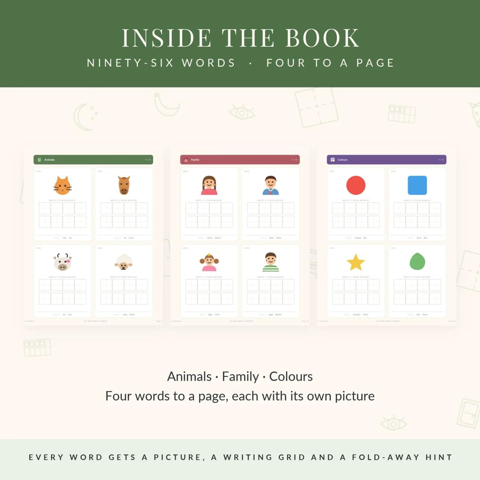 Three pages from a picture workbook, for animals, family and colors, each with four pictures and two rows of empty writing squares under every picture