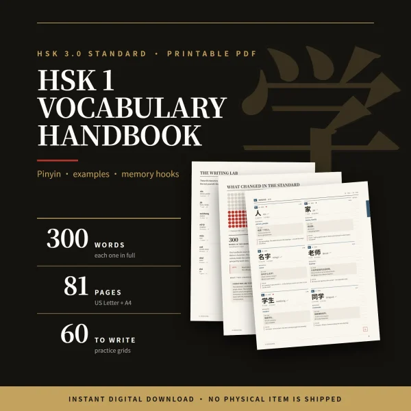 HSK 1 Vocabulary Handbook cover with 300 words, 81 pages and 60 characters to write, fanned over three inside pages