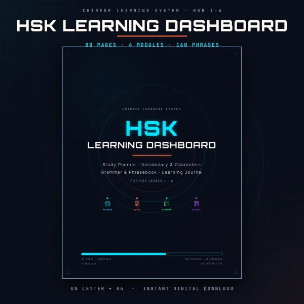 Dark cover of the HSK Learning Dashboard marked 88 pages, four modules and 160 phrases, with planner, vocab, grammar and journal icons