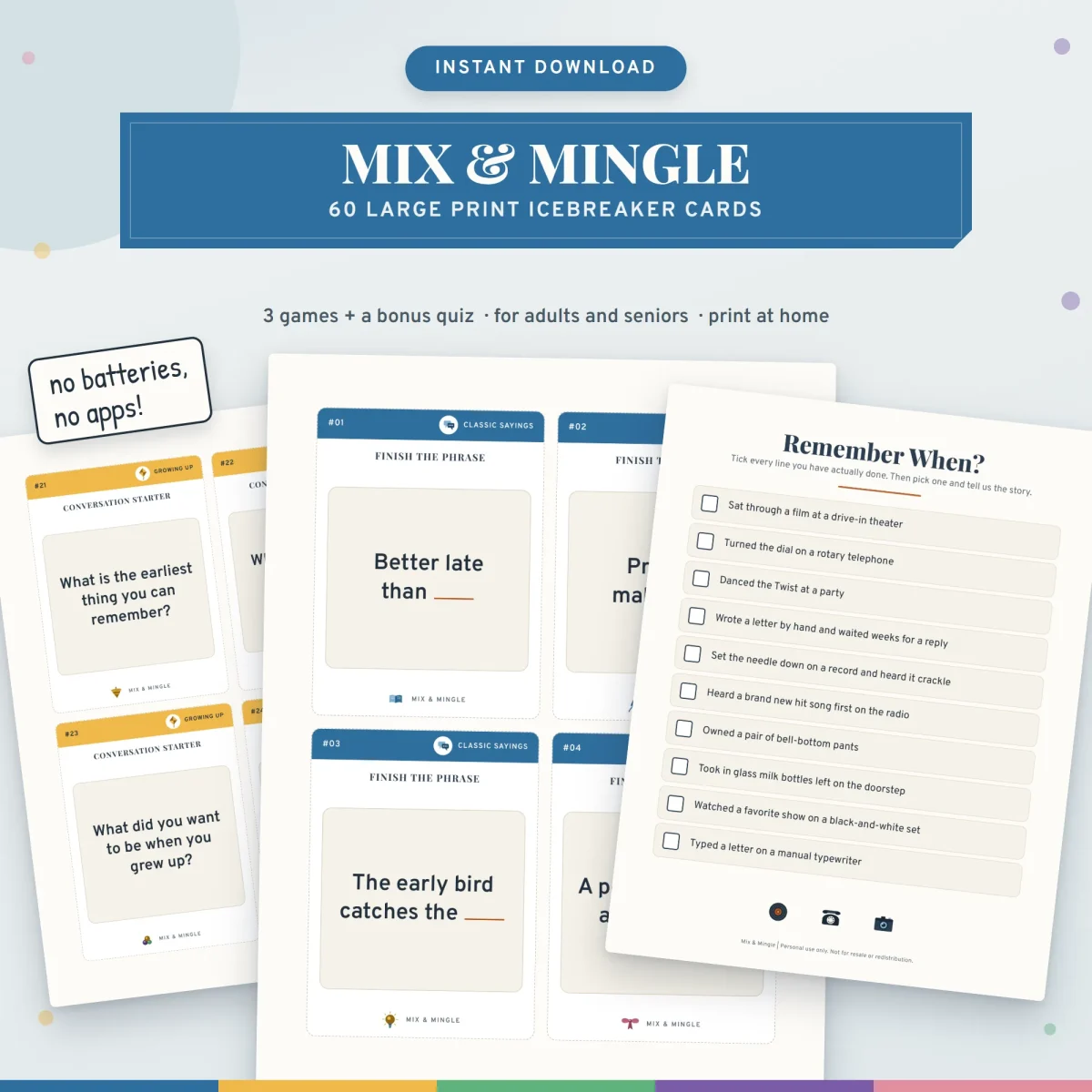 Mix & Mingle title above Finish the Phrase cards, Growing Up conversation cards and the Remember When? checklist