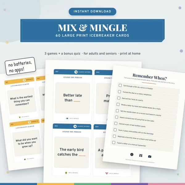 Mix & Mingle title above Finish the Phrase cards, Growing Up conversation cards and the Remember When? checklist