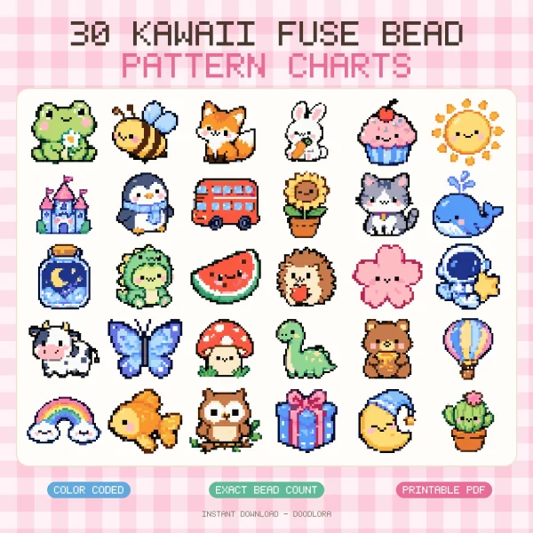 All 30 kawaii pixel designs on pink gingham, including a frog, bee, fox, castle, bus, whale, astronaut and cactus