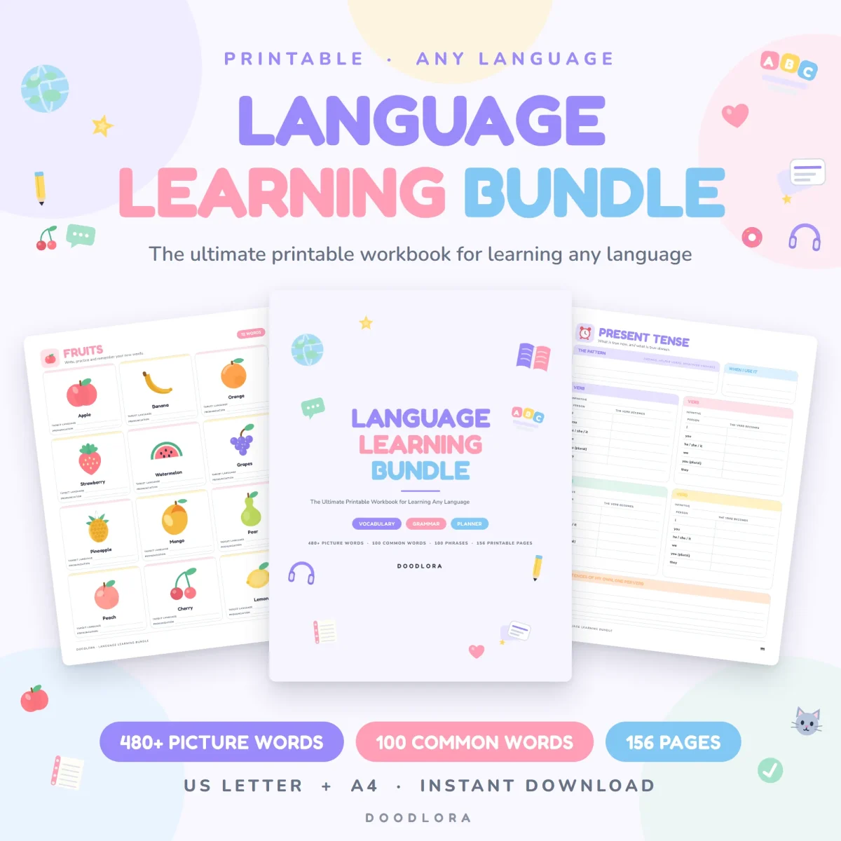 Language Learning Bundle cover between a fruits picture page and a present tense page, marked 480+ picture words, 100 common words and 156 pages