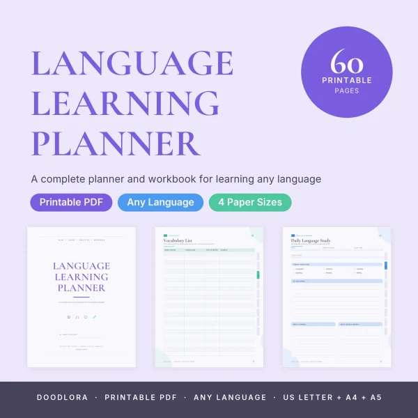Language Learning Planner title in purple with a 60 printable pages badge, above the cover, a vocabulary list and a daily study page