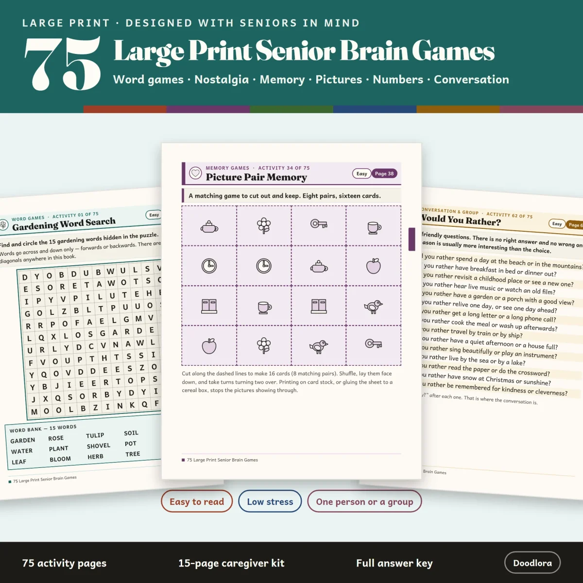 75 Large Print Senior Brain Games cover with sample pages for a word search, picture pair memory and would you rather