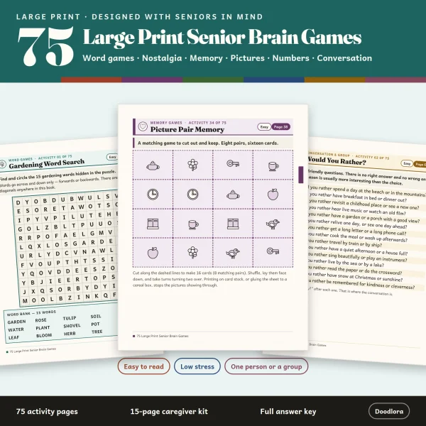 75 Large Print Senior Brain Games cover with sample pages for a word search, picture pair memory and would you rather
