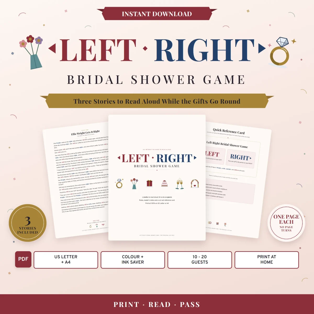 Three pages of the left right bridal shower game, the cover, the Ellie Wright story and the quick reference card