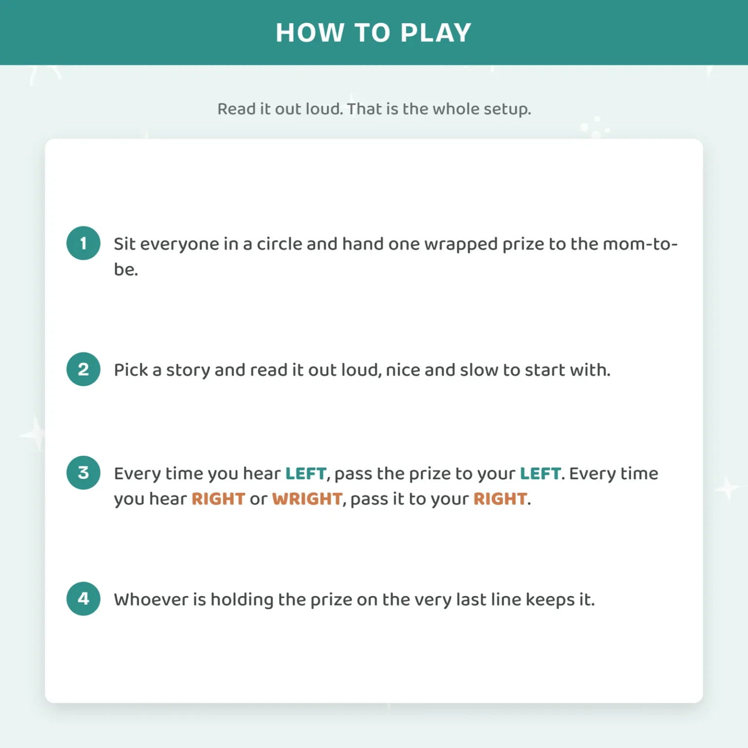 Four numbered steps for playing the left right baby shower game with one wrapped prize