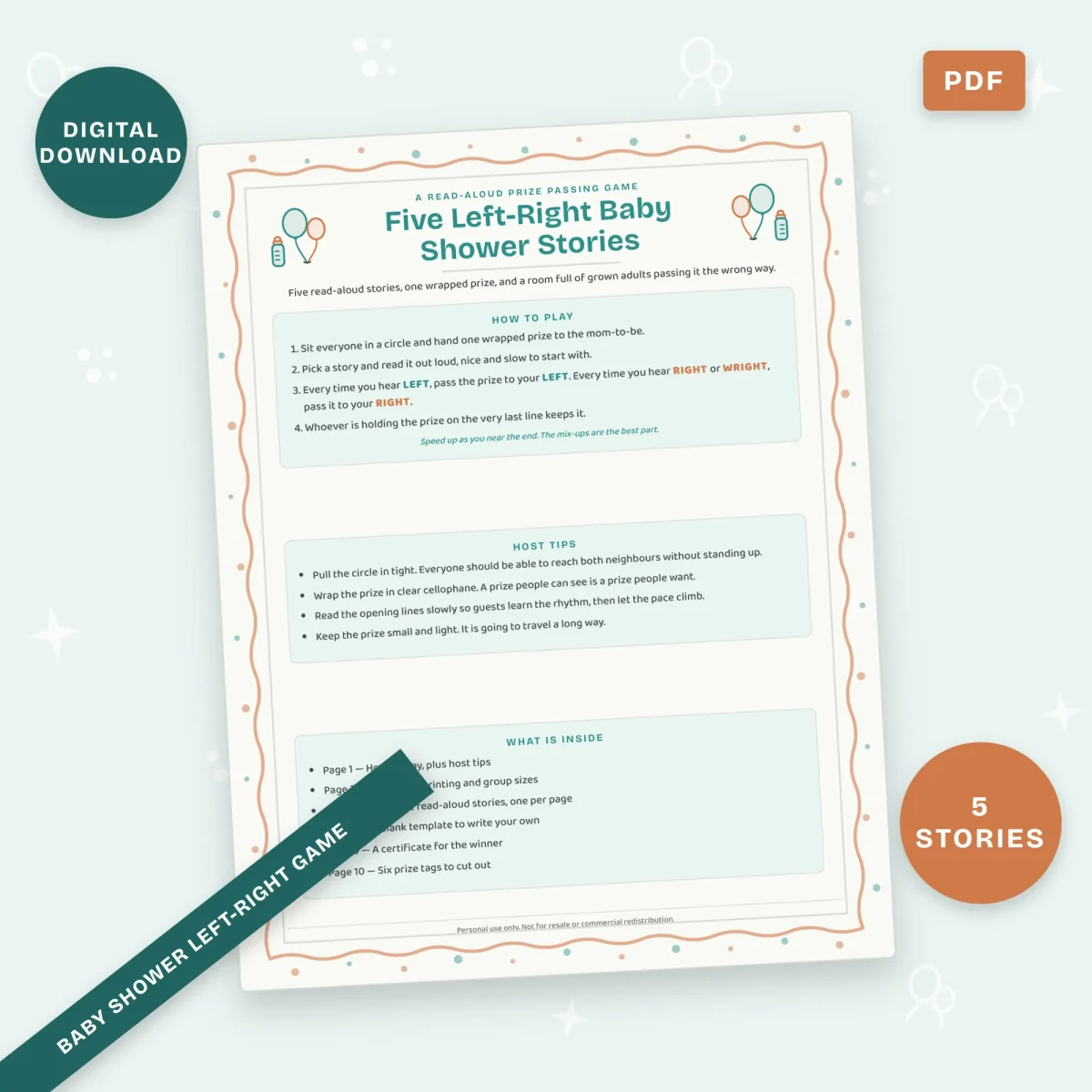 The first page of Five Left-Right Baby Shower Stories, with how to play, host tips and a list of what is inside