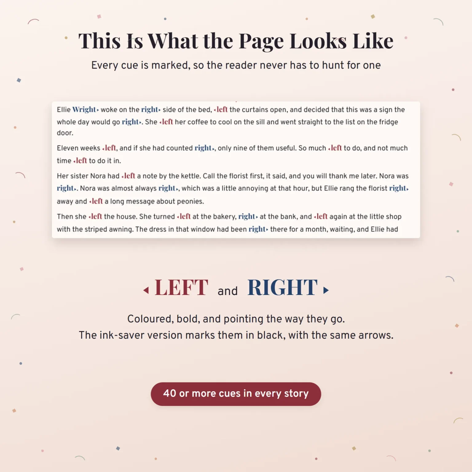 A close-up of story text where each left is marked with a red arrow and each right with a blue one