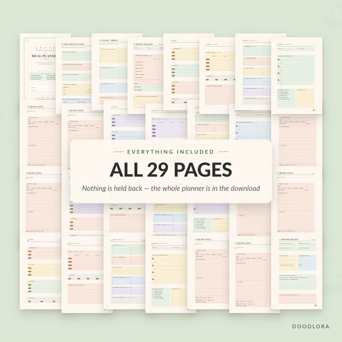 All 29 meal planner pages in a grid behind a card reading all 29 pages