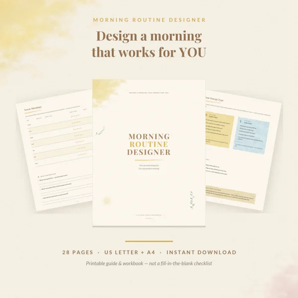 Morning Routine Designer cover in cream and yellow between the Seven Mornings log and the energy type page