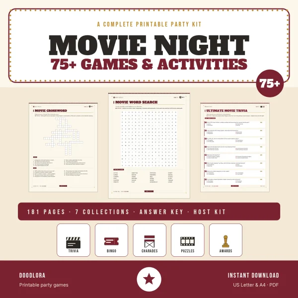 Movie Night cover with the Movie Crossword, Movie Word Search and Ultimate Movie Trivia pages, marked 181 pages, 7 collections, answer key and host kit