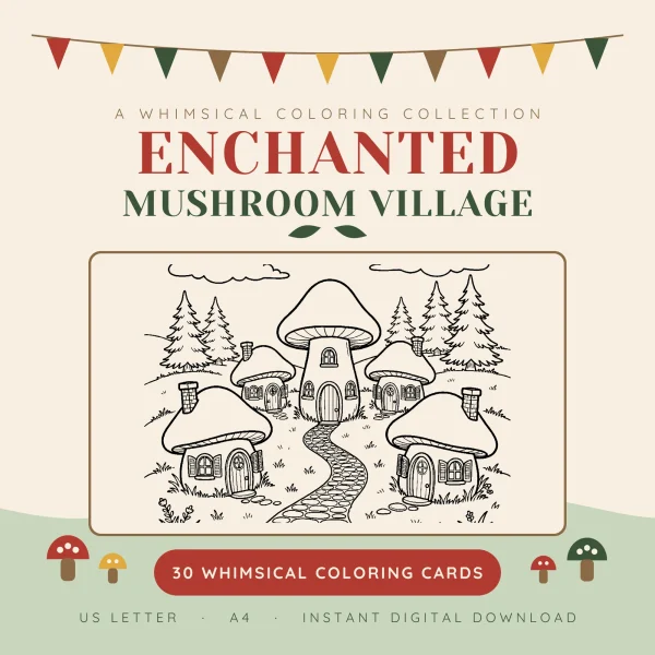 Enchanted Mushroom Village cover showing the village page with five mushroom houses along a cobbled path under pine trees
