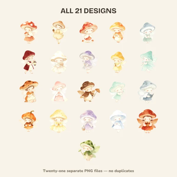 All 21 mushroom fairy designs, each a small sleepy-eyed figure wearing a mushroom cap in red, yellow, blue, lilac, green or brown
