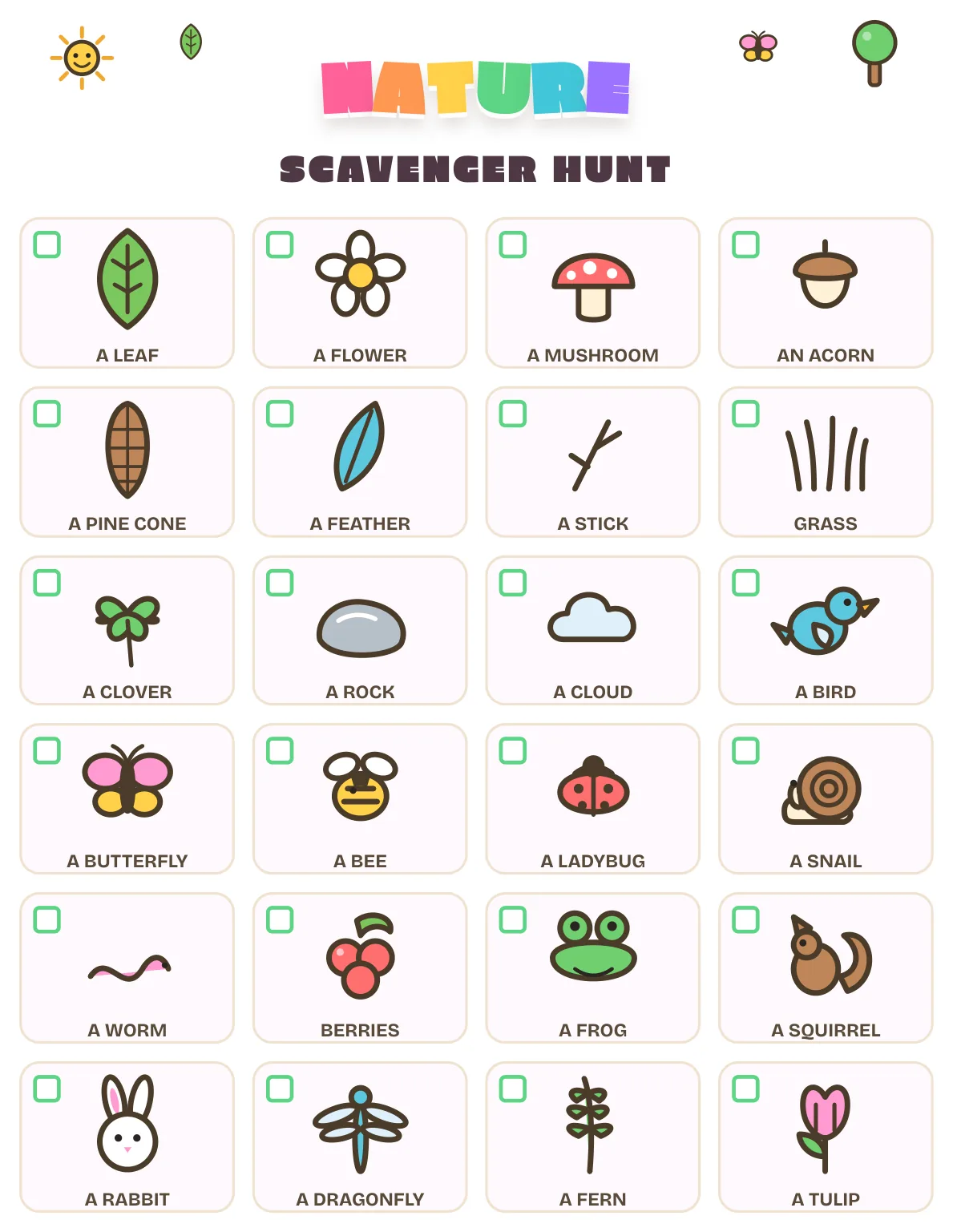 A nature scavenger hunt grid of 24 boxes, four across and six down, each with a checkbox in the corner and a colored picture of a plant, bug or animal with its name in capitals