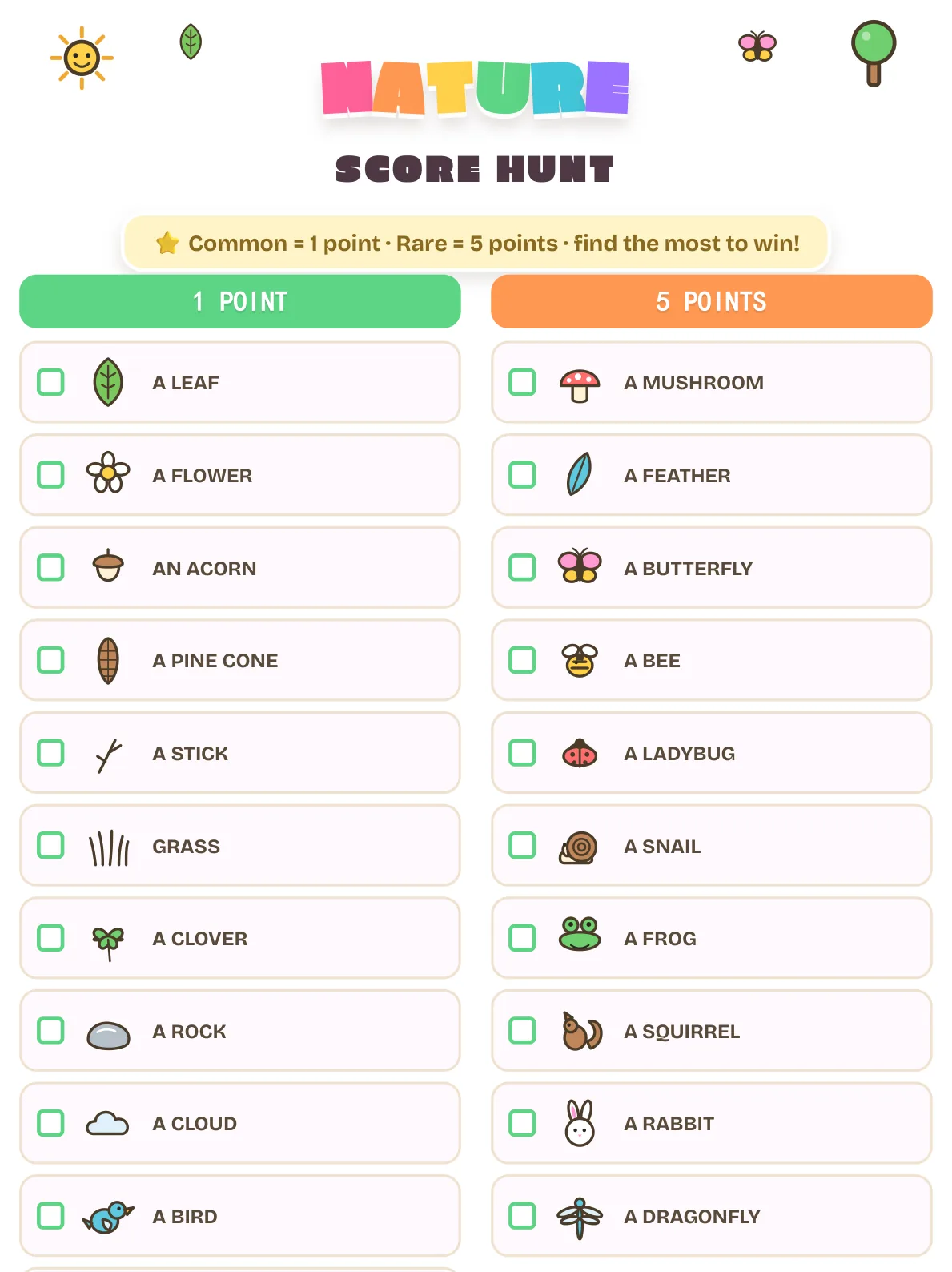 A nature score hunt page with a green 1 POINT column and an orange 5 POINTS column, each listing ten items with a small picture and a checkbox