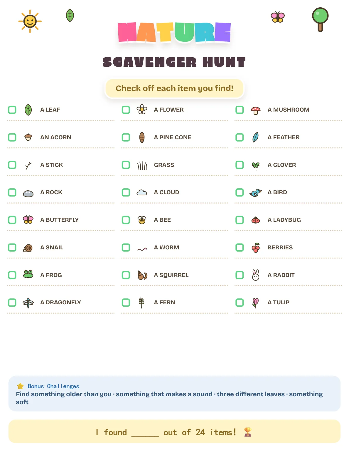 A nature scavenger hunt checklist in three columns of small pictures, with a blue Bonus Challenges box and an I found out of 24 items line at the bottom of the page