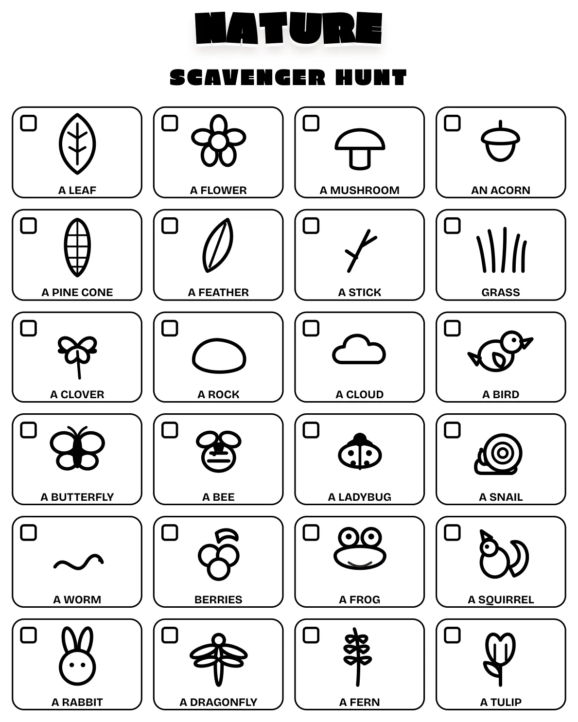 The black-and-white nature scavenger hunt grid, 24 pictures drawn as black outlines in boxes, each with an empty checkbox and a name underneath