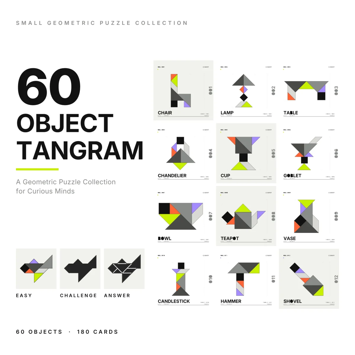Twelve object tangram cards from chair and lamp to hammer and shovel, beside easy, challenge and answer versions of an airplane