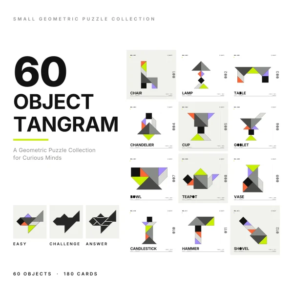 Twelve object tangram cards from chair and lamp to hammer and shovel, beside easy, challenge and answer versions of an airplane