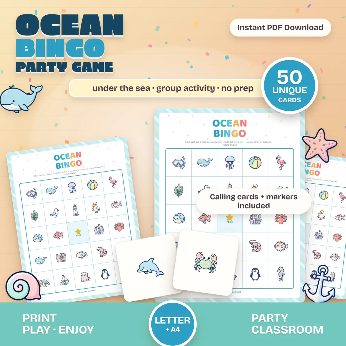Ocean Bingo cards with a pastel aqua striped border showing a snorkel mask, whale, jellyfish, flamingo, lighthouse and pirate ship, plus dolphin and crab calling cards
