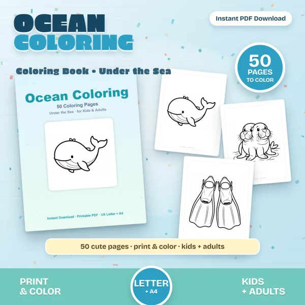 Ocean Coloring book cover with a smiling whale, next to coloring pages of a whale, two seals and a pair of swim fins