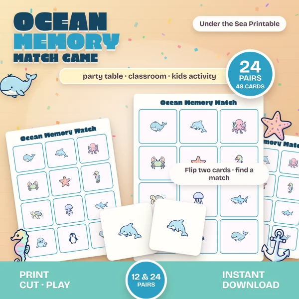 Ocean Memory Match card sheets with a whale, dolphin, octopus, crab, starfish and seahorse, and a matching pair of dolphin cards, marked 24 pairs and 48 cards